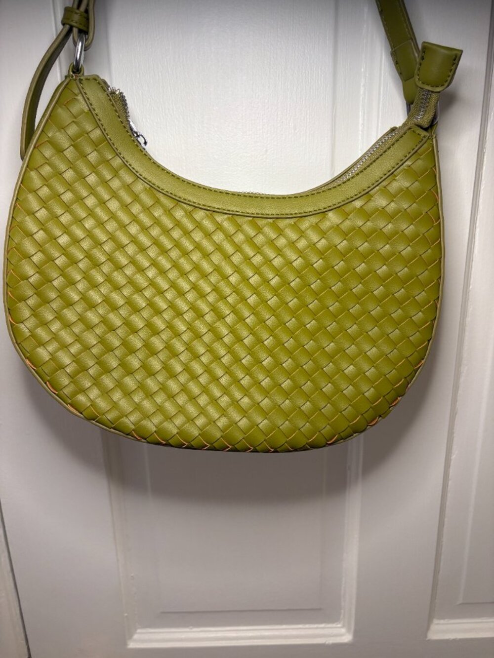 Waffle weave crescent handbag